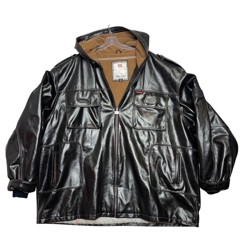 Vintage Y2K Marc Ecko Industrial Faux Leather Coat Jacket 5XL Hooded Streetwear